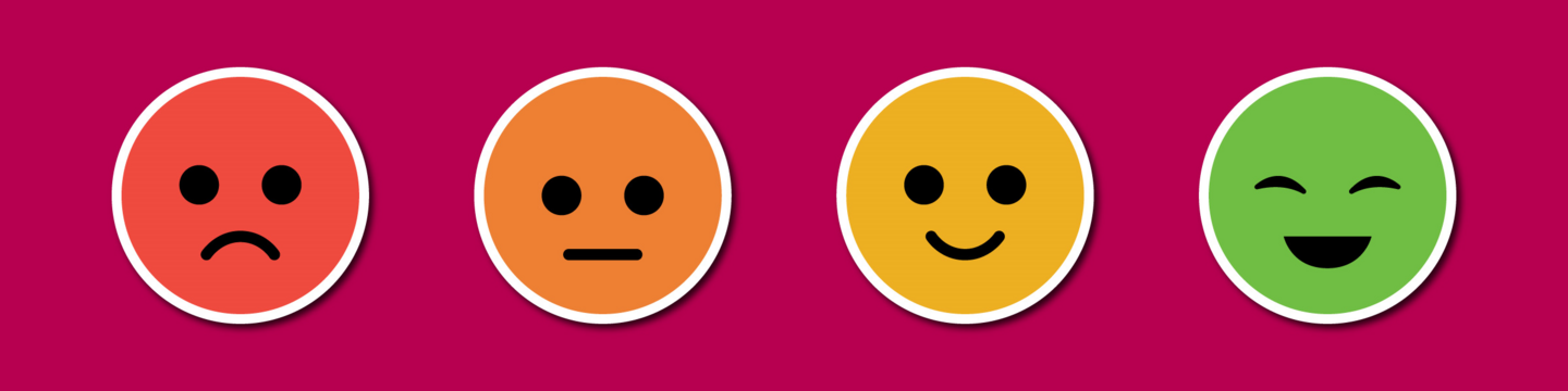 Four circular emoticons in a row, showing a scale of expressions from unhappy to very happy