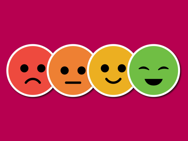 Four circular emoticons in a row, showing a scale of expressions from unhappy to very happy
