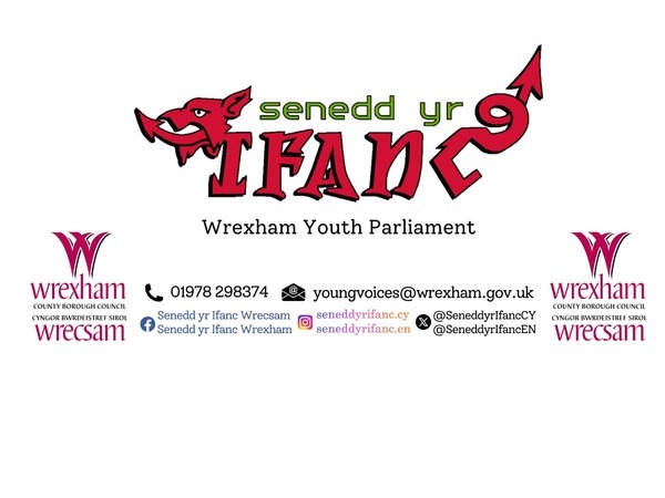 Senedd yr Ifanc Logo and contact details Phone 01978298374, Email youngvoices@wrexham.gov.uk, Facebook Senedd yr Ifanc Wrexham, Instagram seneddyrifanc.en, X @seneddyrifancEN